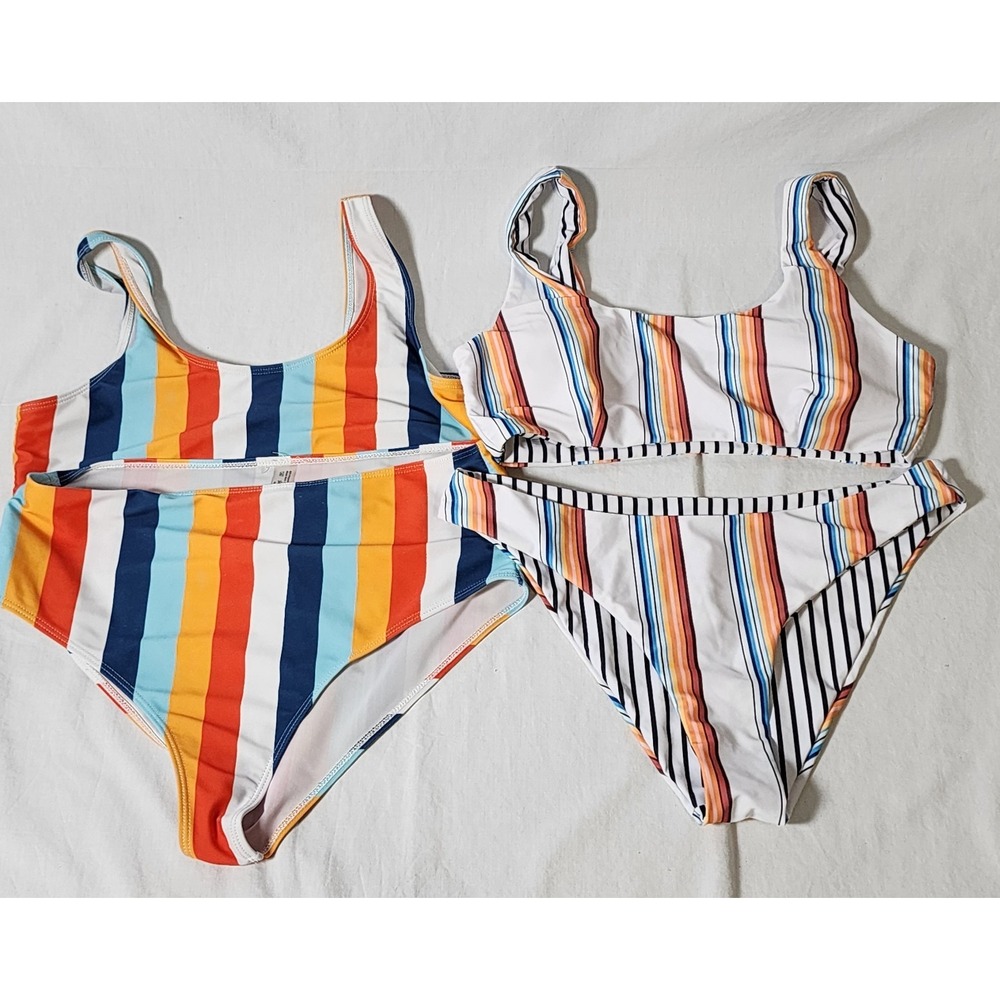 Lot of 2 Bikini Swimwear Sets Women's Large Striped Beachwear Poolwear